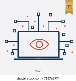 View Eye Sign and Computer Laptop Symbol. Flat Isolated Graphic Vector Icon