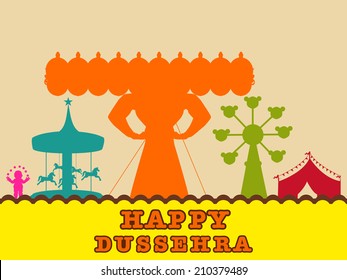 View of a fair on Dussehra festival celebration with orange silhouette of Ravana with his ten heads, colorful swings and stylish text. 