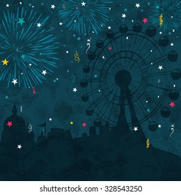 View of a fair with silhouette of temple and ferris wheel on firecrackers decorated grungy blue background for Indian Festival of Lights, Happy Diwali celebration.