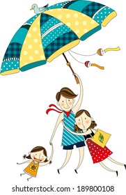 The view of family with umbrella 