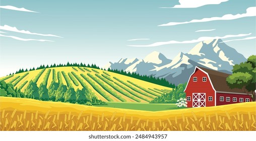 view of farm fields, with wheat fields and farmhouse, beautiful mountains in the background