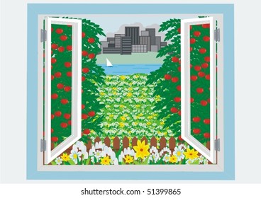 A view from the farmhouse windows on nature and the city in the distance.