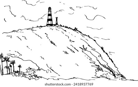 View of the Faro de Punta Zaragoza lighthouse on hill. Margarita Island, Venezuela. Hand made ink pen landscape