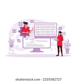 Vista de una programadora que trabaja con la laptop. Concepto de desarrollo de programas. Ilustración plana vectorial moderna de tendencia.