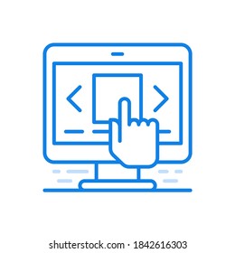 
View files on computer monitor line vector icon. Scrolling through pages information and electronic photos. Hand presses web document screen. Working extensions online archive and looking pictures.