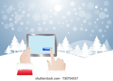 View of finger of Santa Claus touching blue button Share in tablet.  Winter snowy  landscape is in the background. 