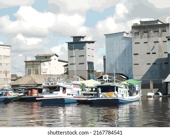 View of fishing boats anchored on the banks of the kumai river, kumai, West Kotawaringin, Central Kalimantan, Indonesia Vector Illustration