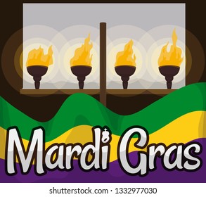 View of Flambeaux equipment with lighted torches over the aluminum panel to illuminate the way of the parade, decorated with colorful flag to celebrate in a night of Mardi Gras.