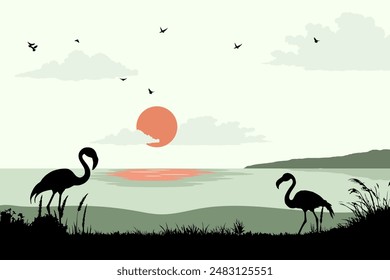View of flamingos on the beach. Summer day vector illustration poster design template
