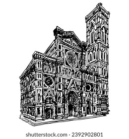 View of Florence Cathedral, Italy. Cathedral of Saint Mary of the Flower. Cattedrale di Santa Maria del Fiore. Gothic temple. Black and white silhouette. Hand drawn linear doodle rough sketch.  svg