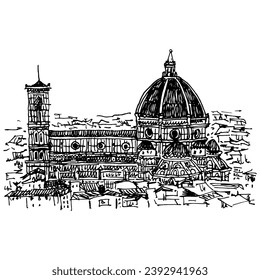 View of Florence Cathedral, Italy. Cathedral of Saint Mary of the Flower. Cattedrale di Santa Maria del Fiore. Gothic temple. Black and white silhouette. Hand drawn linear doodle rough sketch.  svg