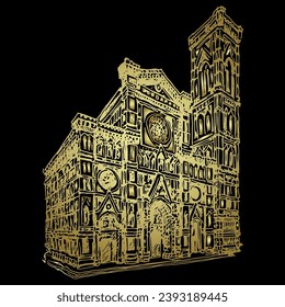 View of Florence Cathedral, Italy. Cathedral of Saint Mary of the Flower. Cattedrale di Santa Maria del Fiore. Gothic temple. Hand drawn rough sketch. Golden silhouette on black background. svg