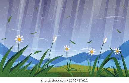 Vista de las flores en flor, en las montañas cuando llueve