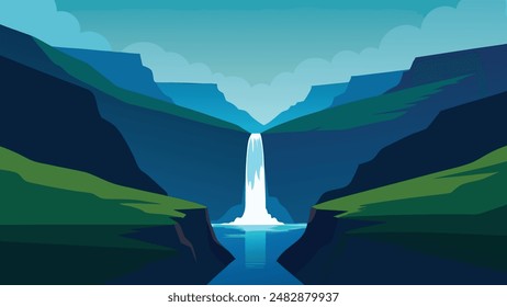 View from flying drone. Majestic morning scene of Mulafossur Waterfall. Stunning summer view of Vagar island, Faroe Islands, Denmark, Europe flat vector illustration