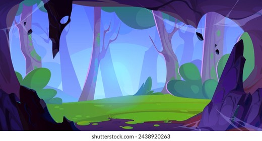 View of forest from inside cave with cobweb on stone walls and stalactites. Cartoon vector illustration of summer woodland landscape with green grass, tree trunks and mist. Cavern entrance hole.