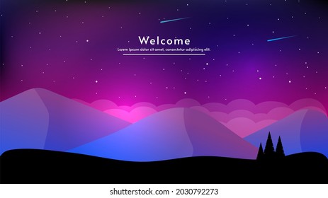 
View from forest to mountain.  Color lights at night landscape. Bright lights, comets and stars in the sky. Vector illustration.  Vector silhouette valley and forest.
