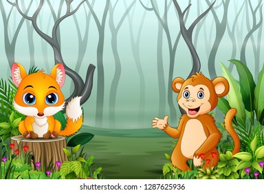View of forest plants in the fog with a fox and monkey