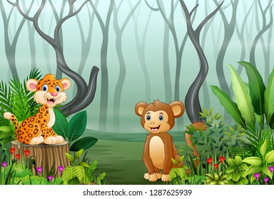 View of forest plants in the fog with a leopard and monkey
