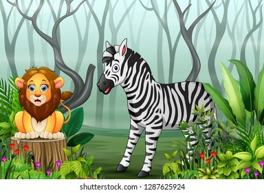 View of forest plants in the fog with a lion and zebra
