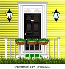 View of the front door, a cute flower pot and a lawn at the house.