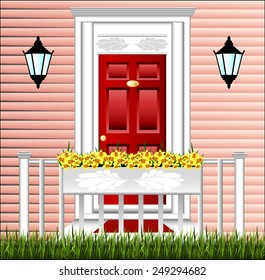 View of the front door, a cute flower pot and a lawn at the house.