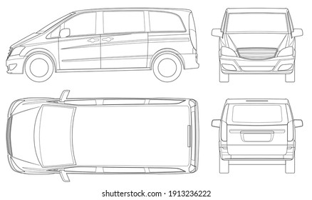 View front, rear, side, top Electric Minivan with Premium Touches, Car vector template on white background. Compact crossover, SUV, 5-door minivan car. Car line.