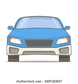 View in front of the sedan modern car windshield and headlights and a bumper, a front grille.In flat line art a vector.An icon concept for the websites of spare parts and car services and motor shows.