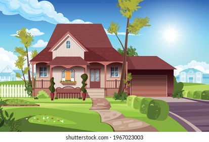 View of the front yard of the suburban country house flat vector illustration