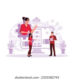 Vista de interfaz de usuario y UX para aplicaciones móviles del equipo de desarrollo front-end. Ilustración plana vectorial moderna de tendencia.