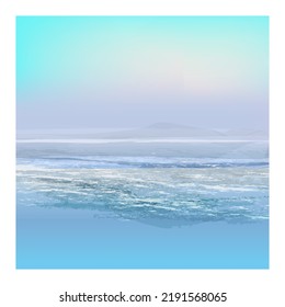 View of the frosen sea, ice, glaciers, winter.Vector illustration, watercolor style, concept for card, poster, flyer, print. Melting ice- global warming. 