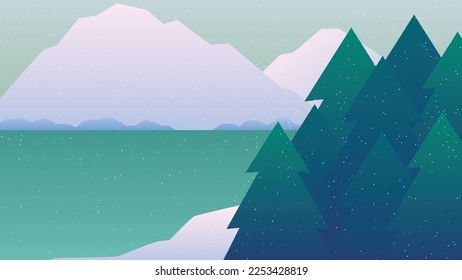 VIEW OF FROZEN LAKE IN THE MORNING is a vector illustration showing a view
frozen lake behind which there are icebergs and on the edge of the lake there is also a pine forest.