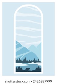 View of Frozen mountains lake landscape. Forest with wildlife animals, bear silhouette illustration poster.