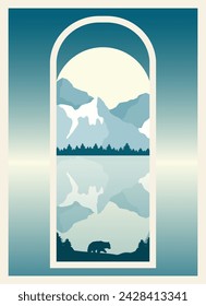 View of frozen mountains lake landscape view. Forest with wildlife animals, bear silhouette