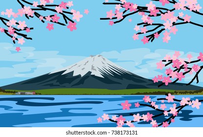 View of Fuji Mountain with the lake and Sakura (cherry blossom) in fore ground and clear blue sky with little cloud in spring day in Japan, one of famous places to visit in Japan