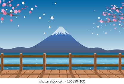 view of fuji mountain at the river in japanese