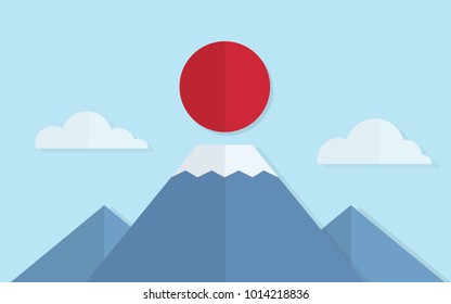 View of Fuji mountain with snow on the top of mountain and small mountain in background with the sun and cloud in paper work art origami style