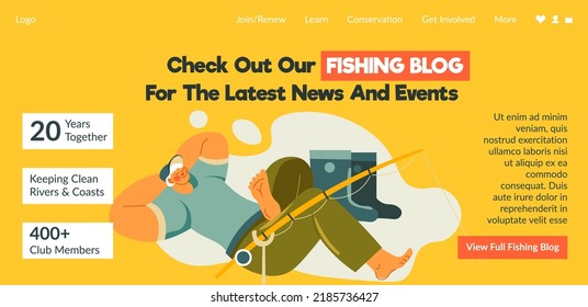View full fishing blog for latest news and events. Hobby and leisure by water, activity for men, enjoyment by nature and process of catching fish. Relaxing male character. Vector in flat style