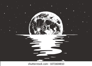 View to full moon at the night sea.Nature design.Vector illustration