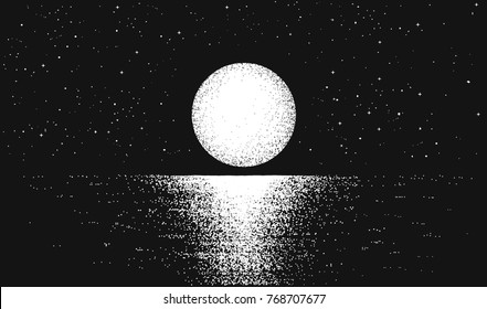 View to full moon at the night time on sea.Lunar reflection on the water.Vector background