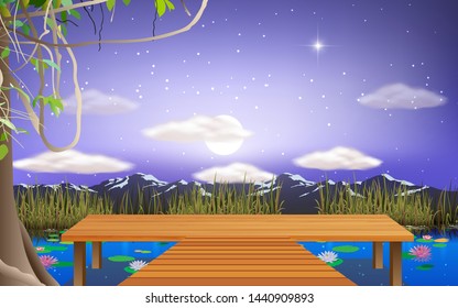 view of full moon night at wooden floor on the river