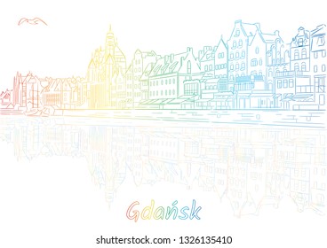 View of Gdansk (Gdańsk) panorama,  white background of Gdansk city in Poland