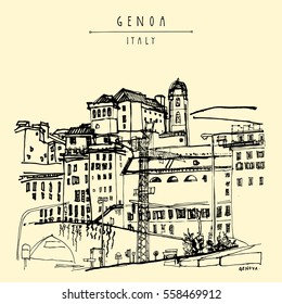 View of Genoa, Liguria, Italy, Europe. Artistic hand drawn vintage book illustration,  touristic postcard or poster in vector.