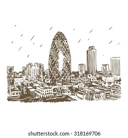 View of Gherkin building (30 St Mary Axe). The City of London, England, UK. Vector hand drawn sketch.