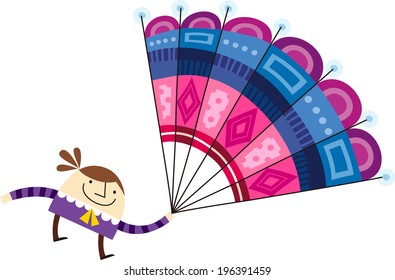 The view of girl is holding a folding fan 