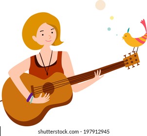 The view of girl is playing a guitar 