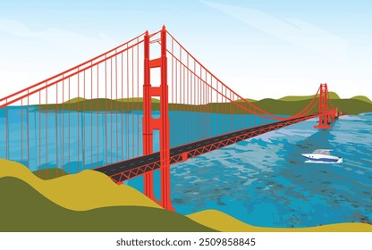 View of golden gate bridge in california, san francisco, united states.San Francisco vector flat color illustration 