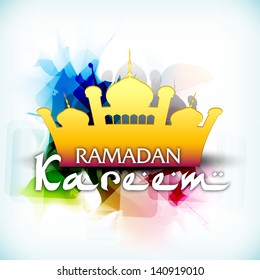  View of golden Mosque on colorful abstract background with text Ramadan Kareem.
