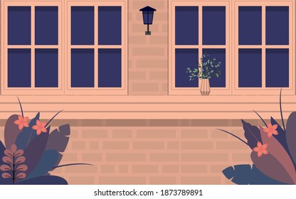 view of graden at glass windows on the house in flat design