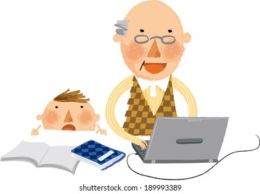 The view of grandfather is using a laptop 