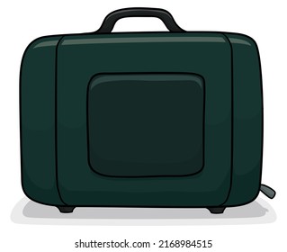 Blick auf den grünen dunklen Koffer, bereit, mit ihm zu reisen. Design im Cartoon-Stil einzeln auf weißem Hintergrund.